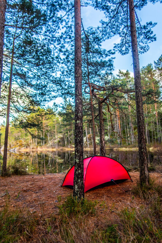 Rött tält på fin tältplats i skogen vid en sjö