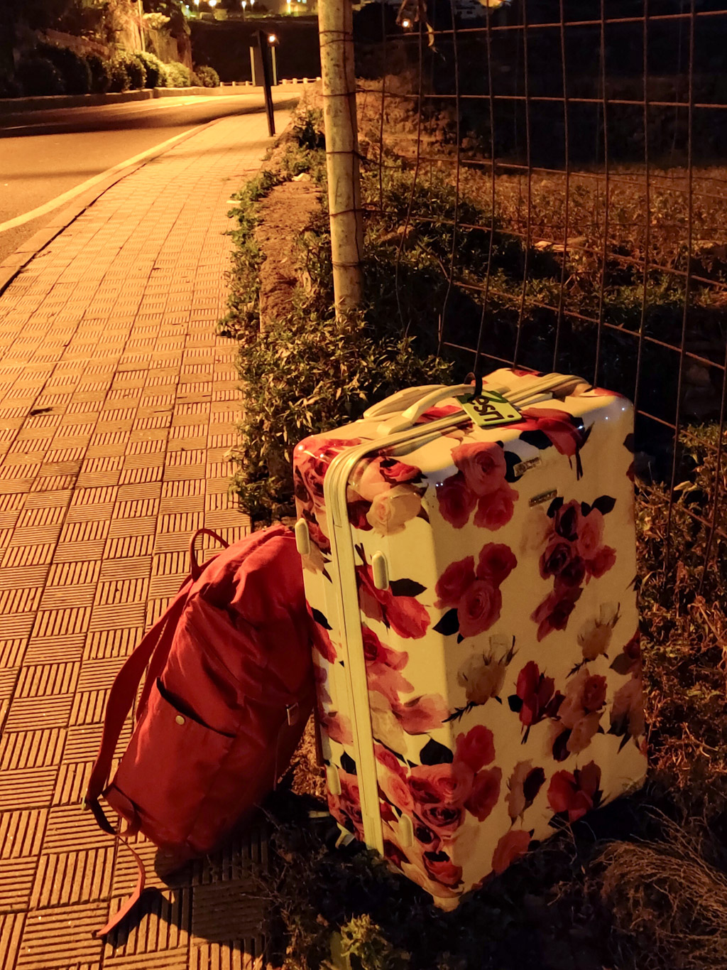 Bagage packat och stående vid trottaren utomhus en mörk morgon, i väntan på transferbuss till flygplatsen.